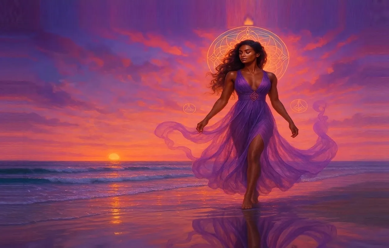 Woman embodying feminine power on a sunset beach — sacred feminine energy